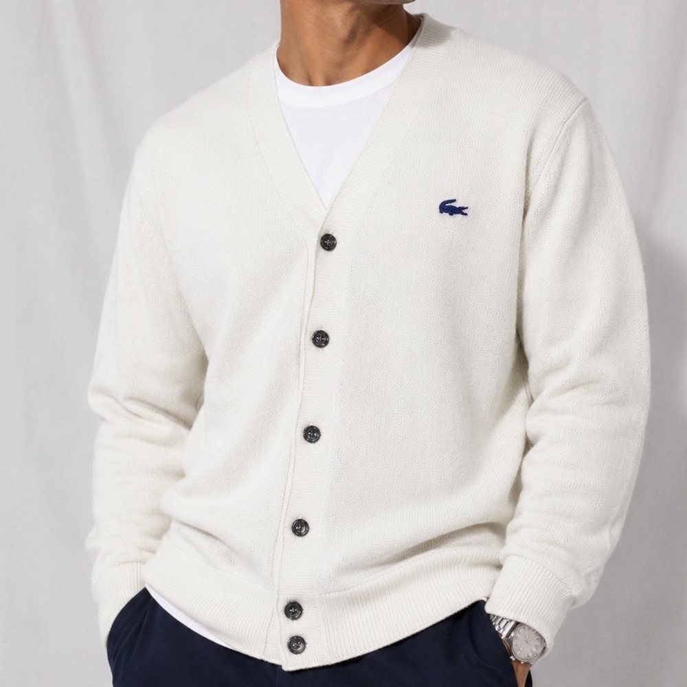Vintage Izod Lacoste Cardigan Sweater Mens Large Cream White Blue Croc Logo 80s